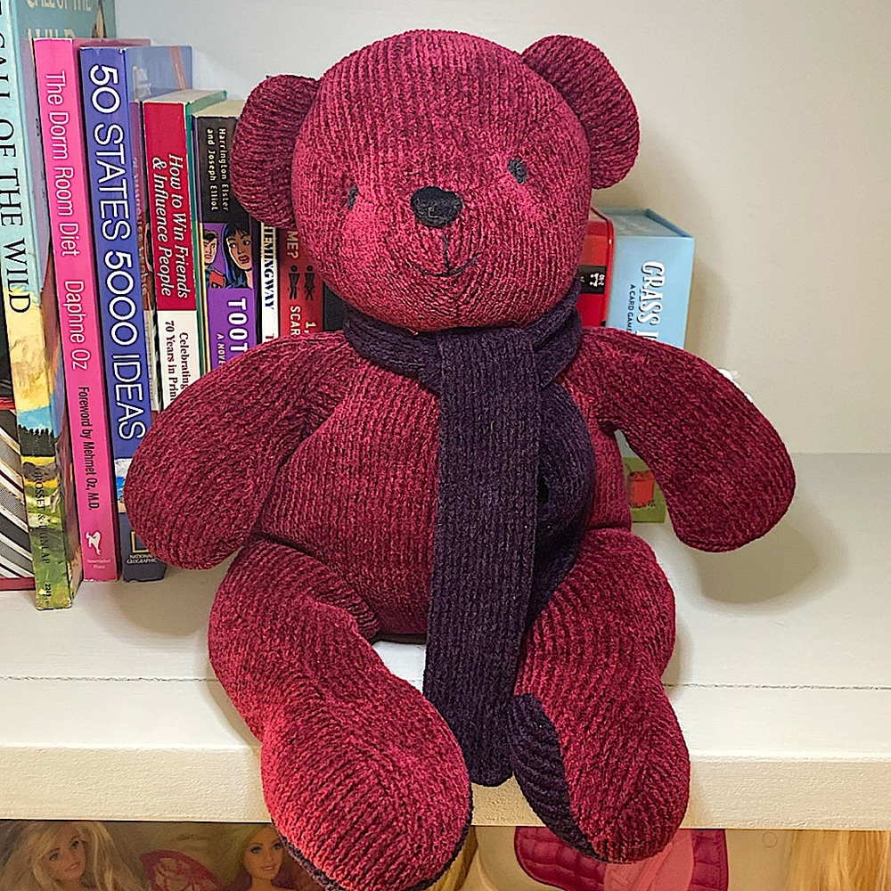 HOLIDAY SALE!! 🎄Pottery Barn Kids Chenille Teddy Bear Plush w/Scarf 14” Red Wine
